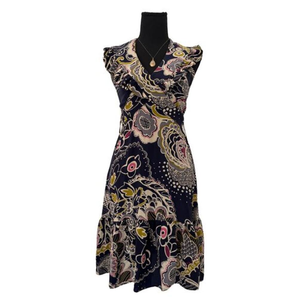 Anthropologie Postella 100% Silk Halter Ruffle Wrap Dress Navy Multi Floral SP